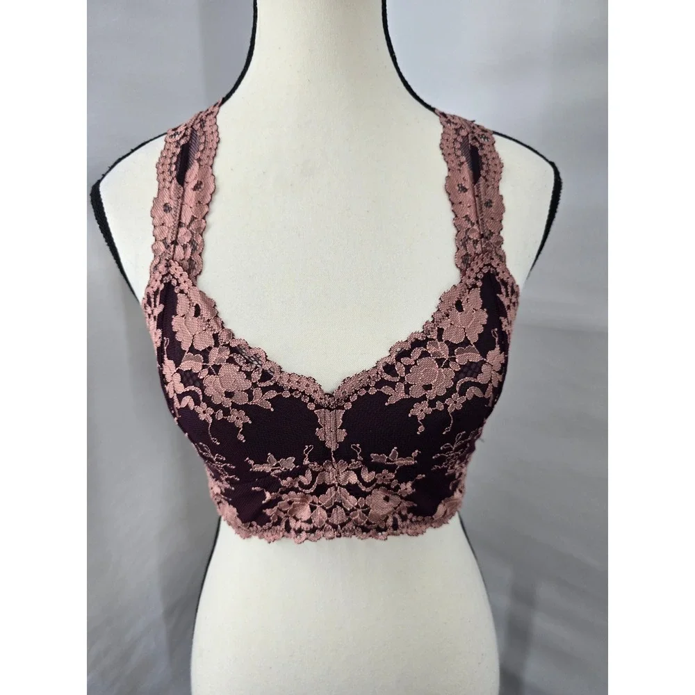 Wishlist Burgundy Rose Floral Lace Bralette T-Back Racerback Womens Medium